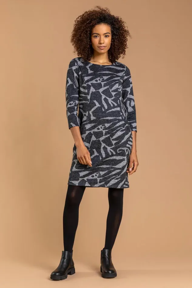 Dark Grey Abstract Animal Print Shift Dress Women Roman Dresses