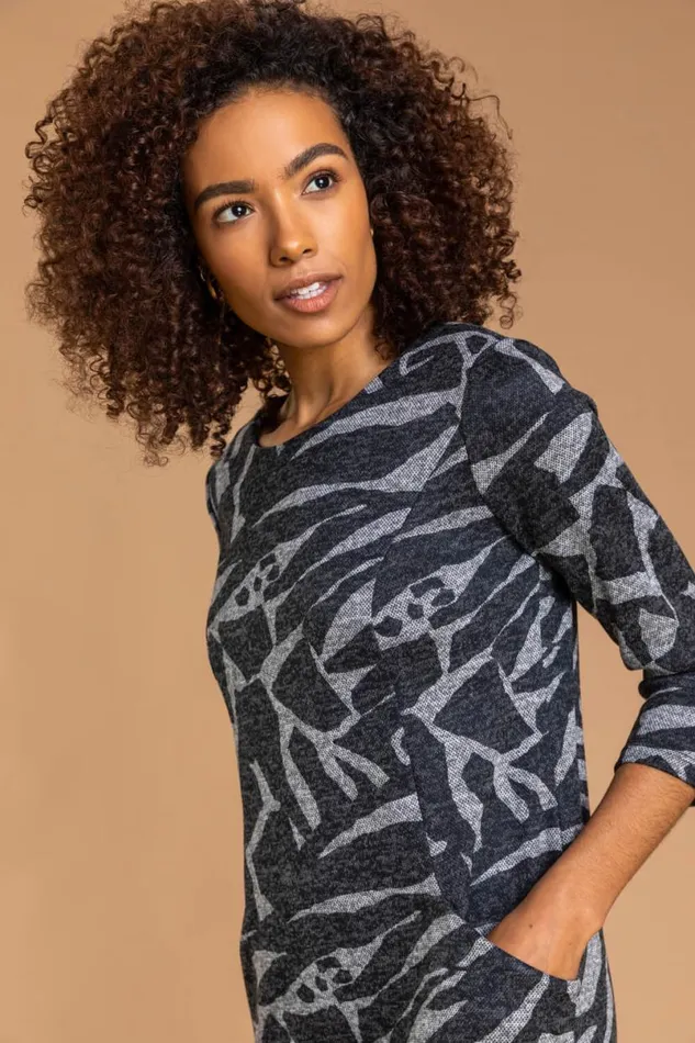 Dark Grey Abstract Animal Print Shift Dress Women Roman Dresses