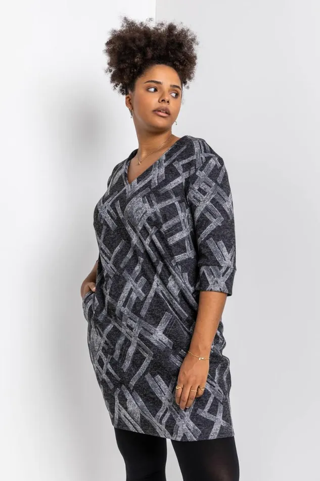 Dark Grey Curve Abstract Cross Print Dress Women Roman Dresses