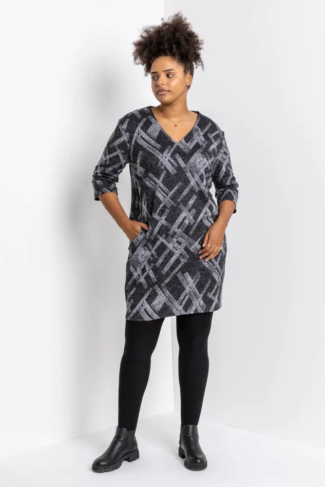 Dark Grey Curve Abstract Cross Print Dress Women Roman Dresses