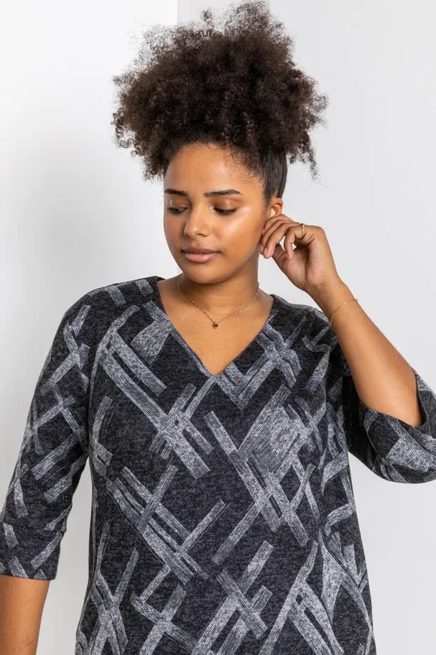 Dark Grey Curve Abstract Cross Print Dress Women Roman Dresses