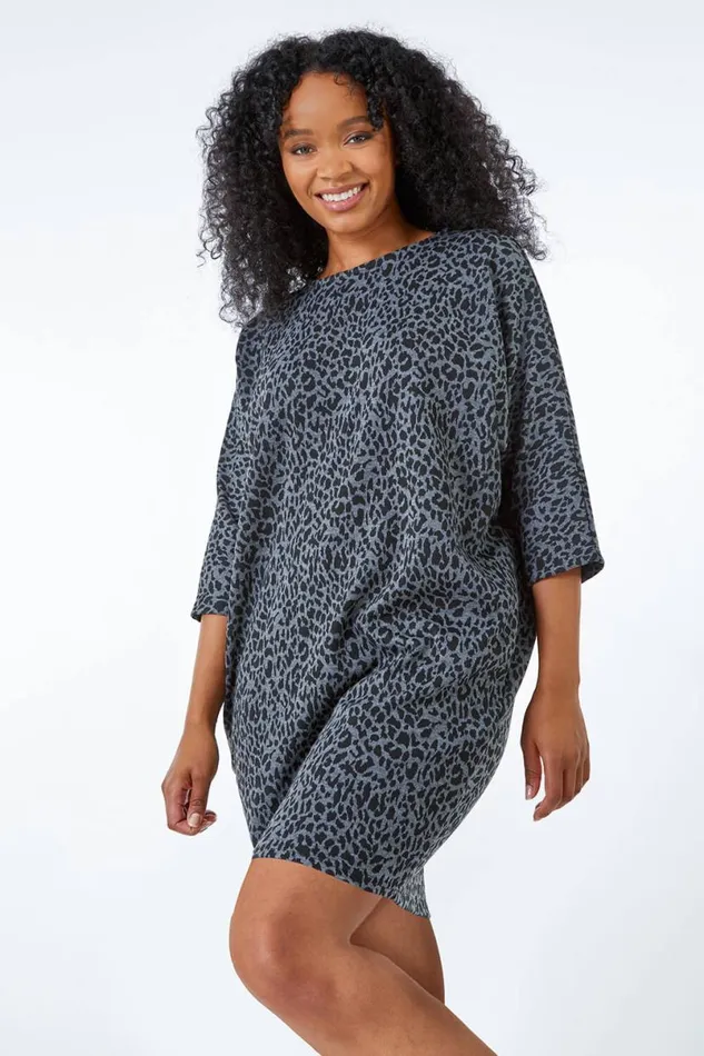 Dark Grey Petite Leopard Print Slouch Dress Women Roman Dresses