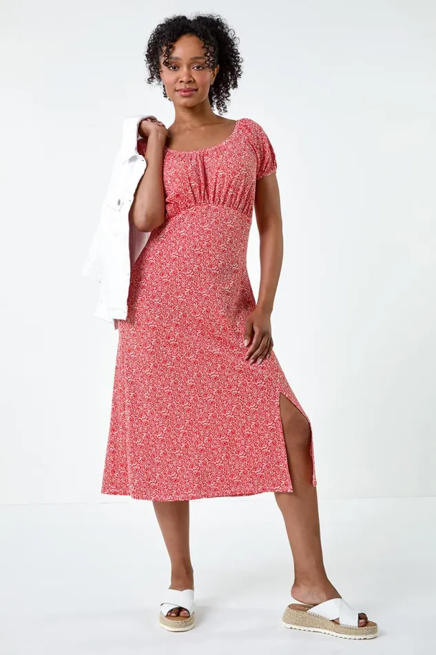 Dark Orange Petite Ditsy Print Midi Stretch Dress Women Roman Dresses