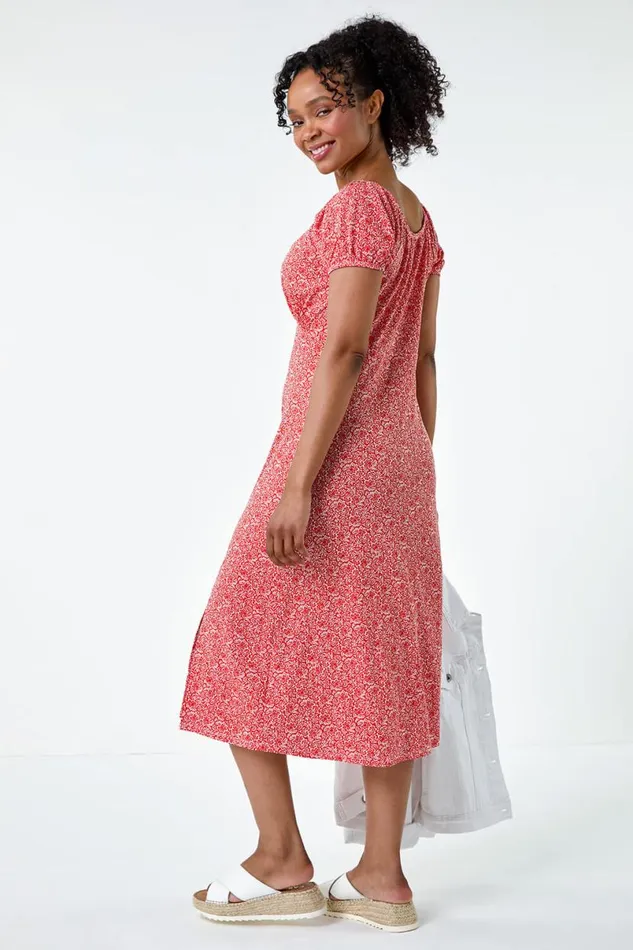 Dark Orange Petite Ditsy Print Midi Stretch Dress Women Roman Dresses