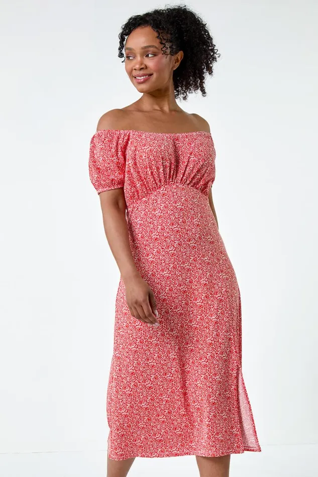 Dark Orange Petite Ditsy Print Midi Stretch Dress Women Roman Dresses