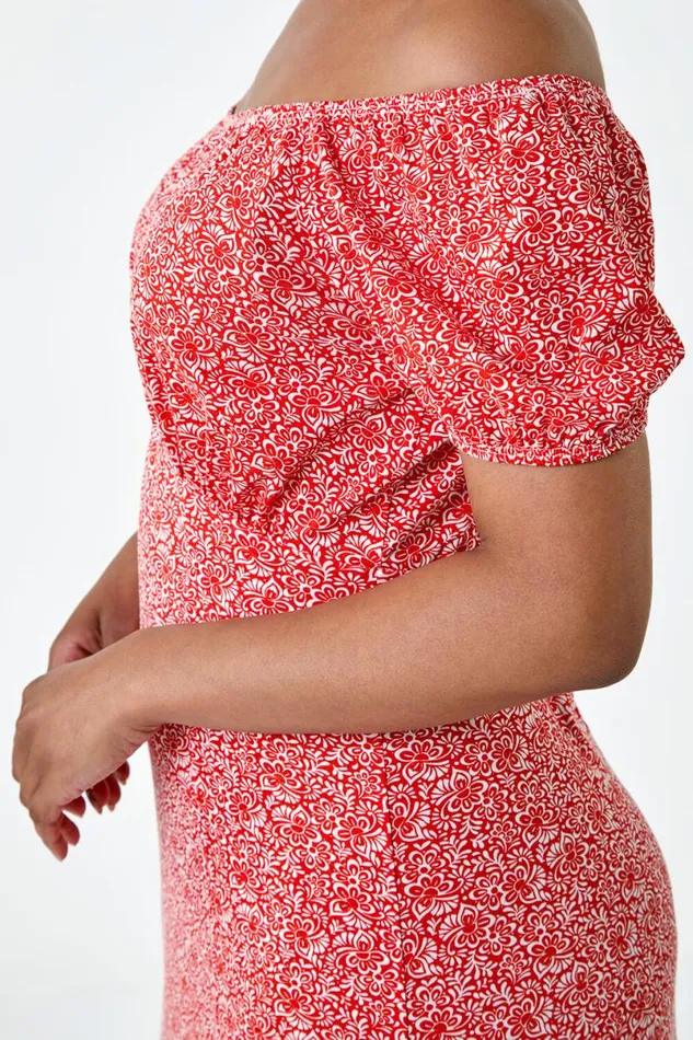 Dark Orange Petite Ditsy Print Midi Stretch Dress Women Roman Dresses