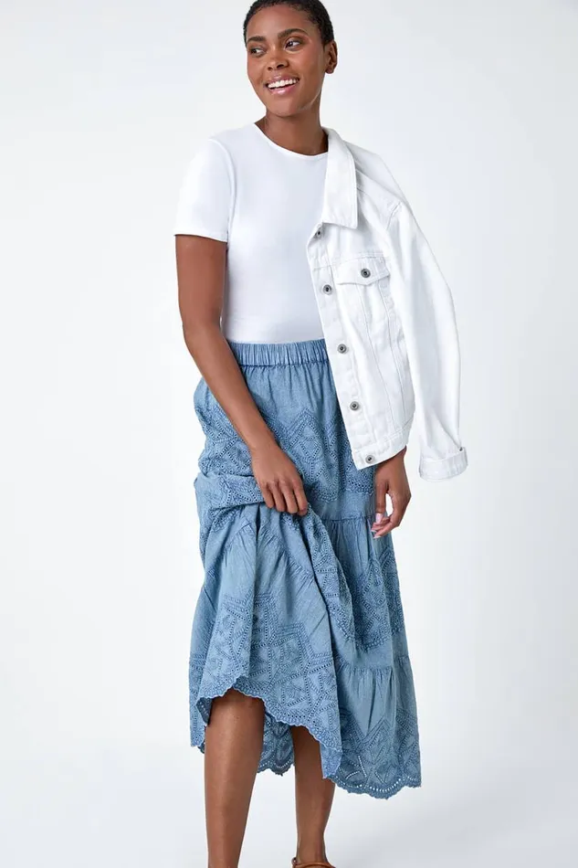 Denim Broderie Elastic Waist A Line Tiered Midi Skirt Women Roman Skirts