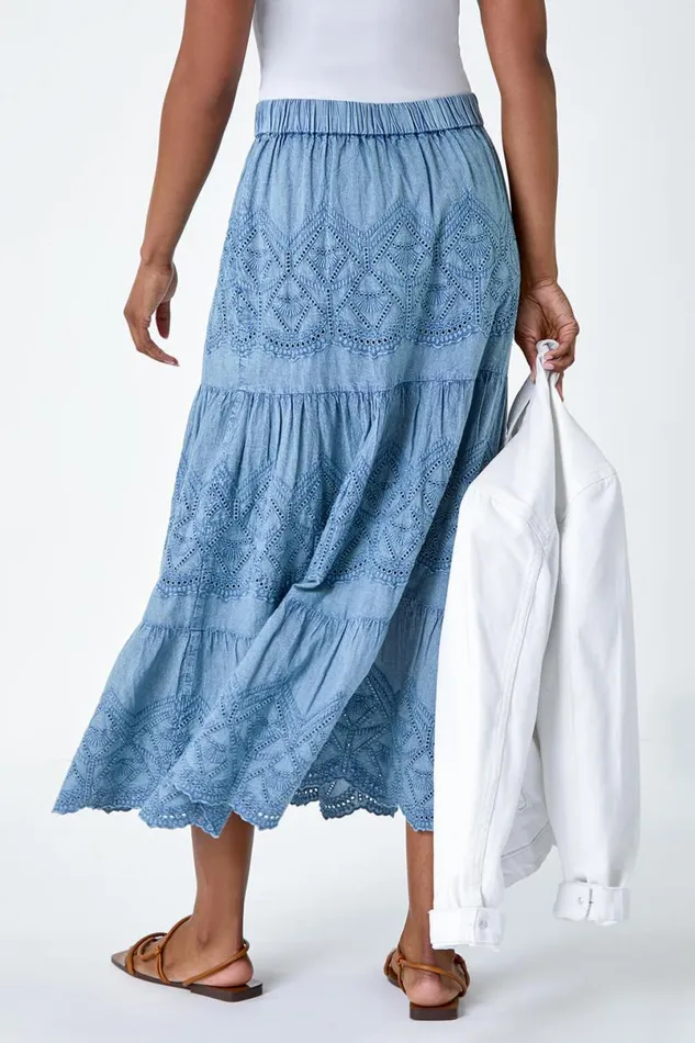 Denim Broderie Elastic Waist A Line Tiered Midi Skirt Women Roman Skirts