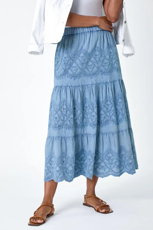Denim Broderie Elastic Waist A Line Tiered Midi Skirt Women Roman Skirts