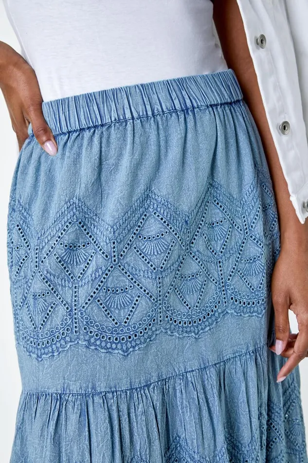 Denim Broderie Elastic Waist A Line Tiered Midi Skirt Women Roman Skirts
