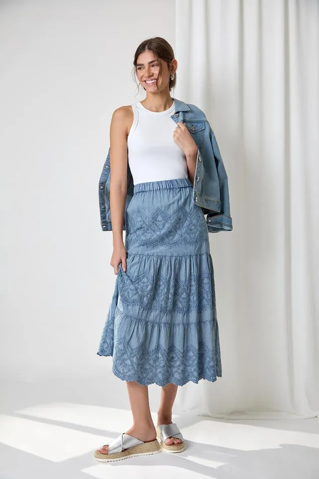 Denim Broderie Elastic Waist A Line Tiered Midi Skirt Women Roman Skirts
