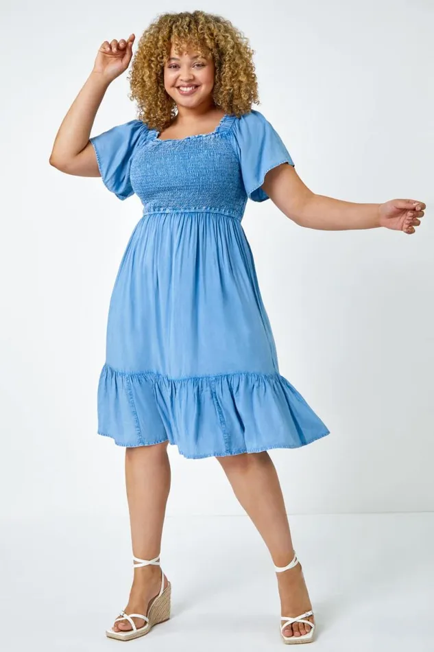 Denim Curve Shirred Stretch Dress Women Roman Dresses