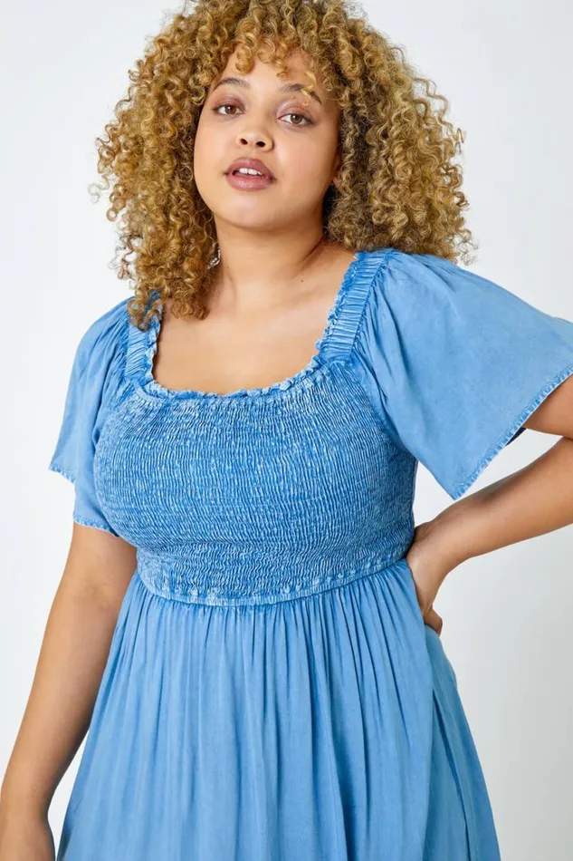 Denim Curve Shirred Stretch Dress Women Roman Dresses