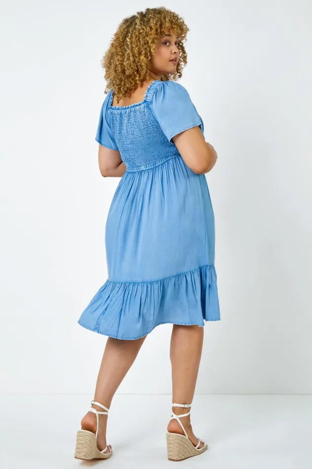 Denim Curve Shirred Stretch Dress Women Roman Dresses