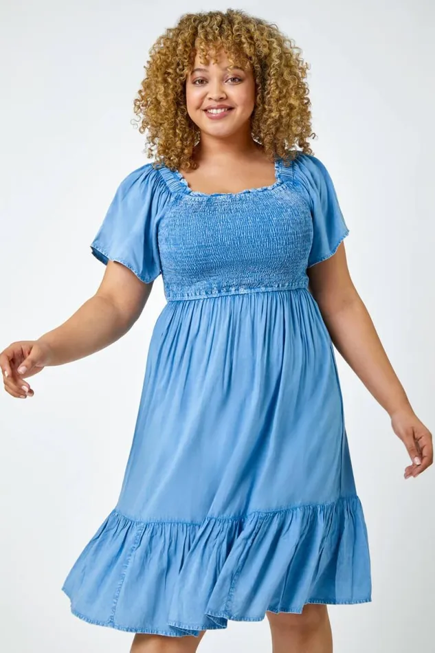 Denim Curve Shirred Stretch Dress Women Roman Dresses