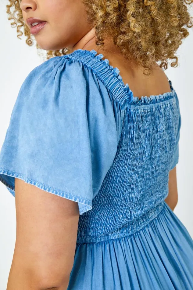 Denim Curve Shirred Stretch Dress Women Roman Dresses