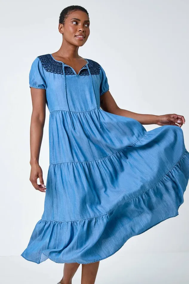 Denim Denim Lace Detail Midi Smock Dress Women Roman Dresses