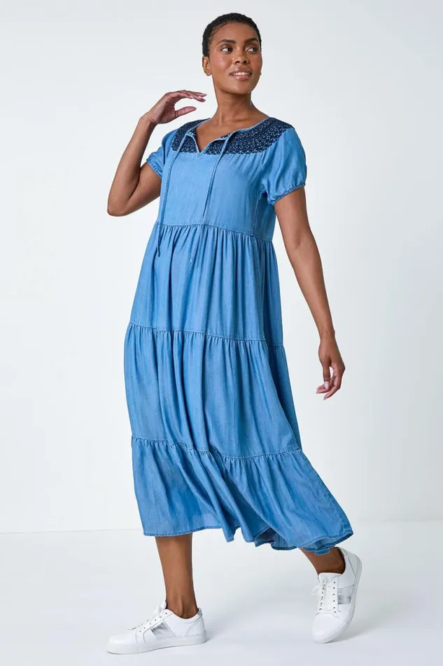 Denim Denim Lace Detail Midi Smock Dress Women Roman Dresses