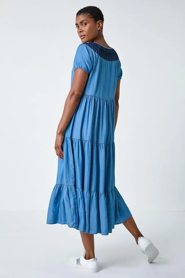 Denim Denim Lace Detail Midi Smock Dress Women Roman Dresses