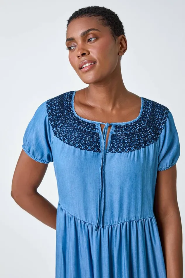 Denim Denim Lace Detail Midi Smock Dress Women Roman Dresses