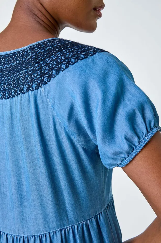 Denim Denim Lace Detail Midi Smock Dress Women Roman Dresses
