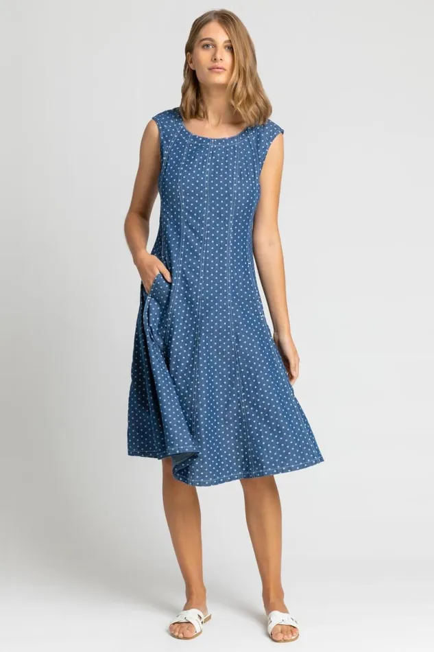Denim Spot Print Top Stitch Skater Dress Women Roman Dresses