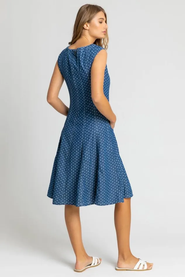 Denim Spot Print Top Stitch Skater Dress Women Roman Dresses
