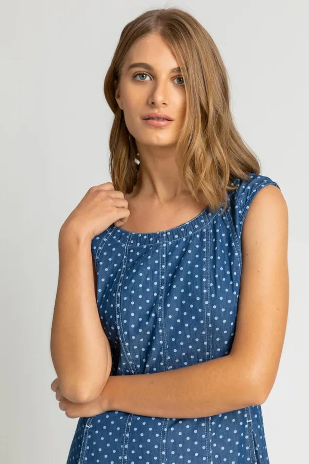 Denim Spot Print Top Stitch Skater Dress Women Roman Dresses