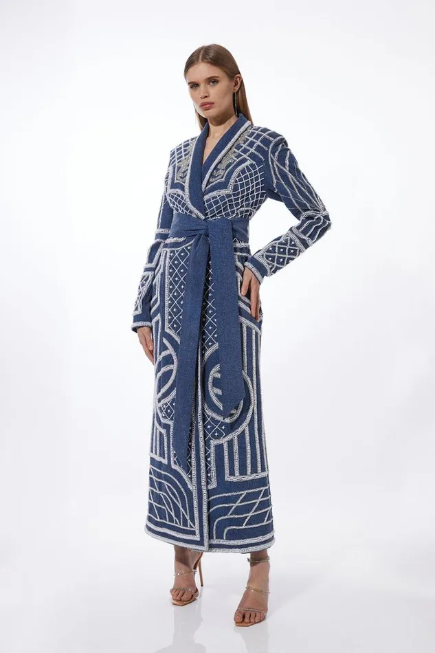 Denim Women Karen Millen Pearl Embellished Woven Denim Maxi Blazer Dress Denim