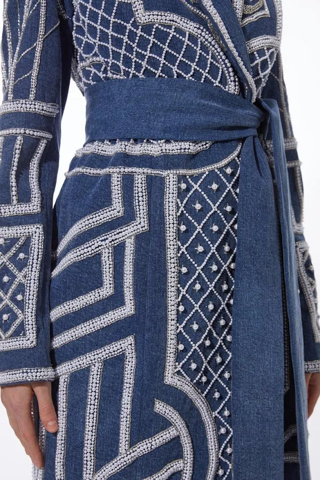 Denim Women Karen Millen Pearl Embellished Woven Denim Maxi Blazer Dress Denim