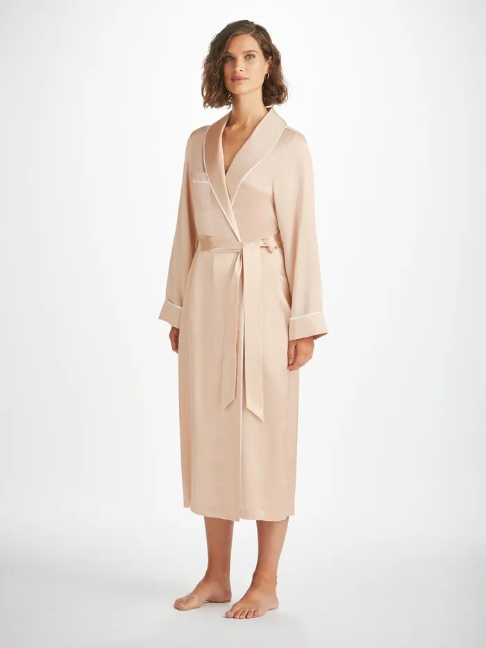 Derek Rose Long Robe Bailey Silk Satin Champagne Women Silk Robes