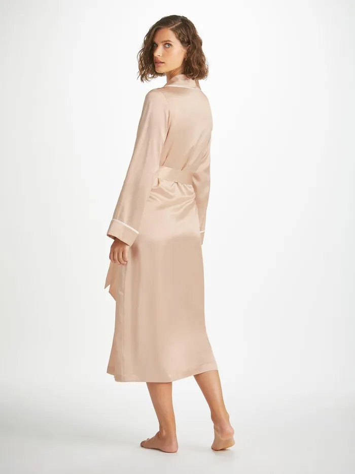 Derek Rose Long Robe Bailey Silk Satin Champagne Women Silk Robes