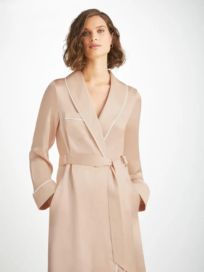 Derek Rose Long Robe Bailey Silk Satin Champagne Women Silk Robes