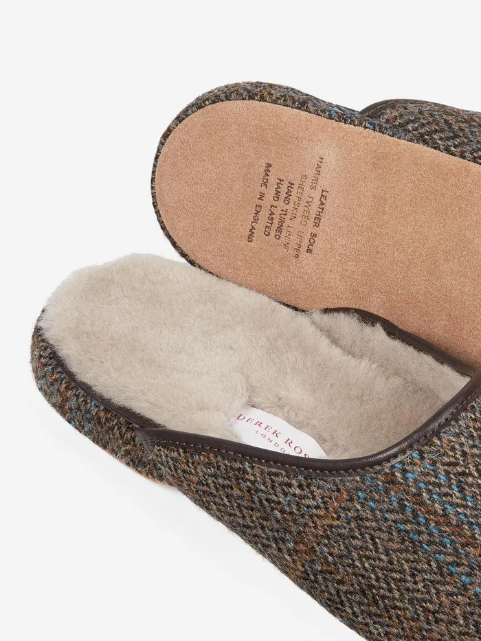 Derek Rose Mule Slippers Douglas 2 Harris Tweed Sheepskin Beige MenSlippers Slippers