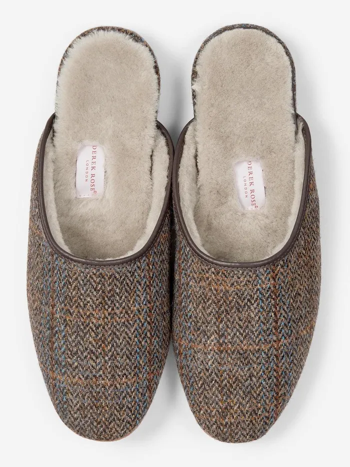 Derek Rose Mule Slippers Douglas 2 Harris Tweed Sheepskin Beige MenSlippers Slippers