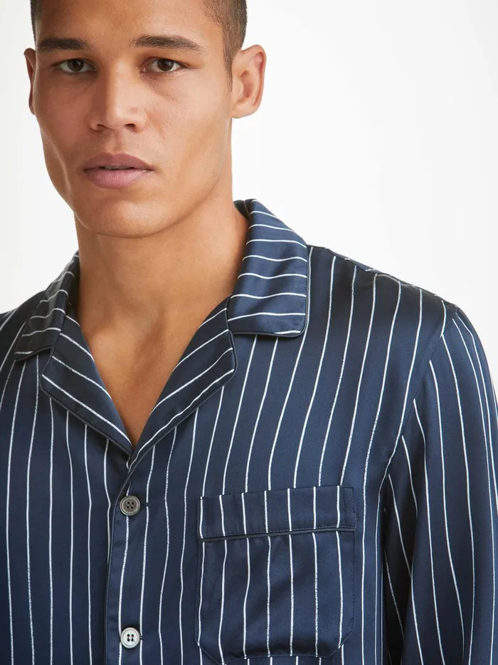 Derek Rose Pajamas Brindisi 102 Silk Satin Navy Men Long Pajamas