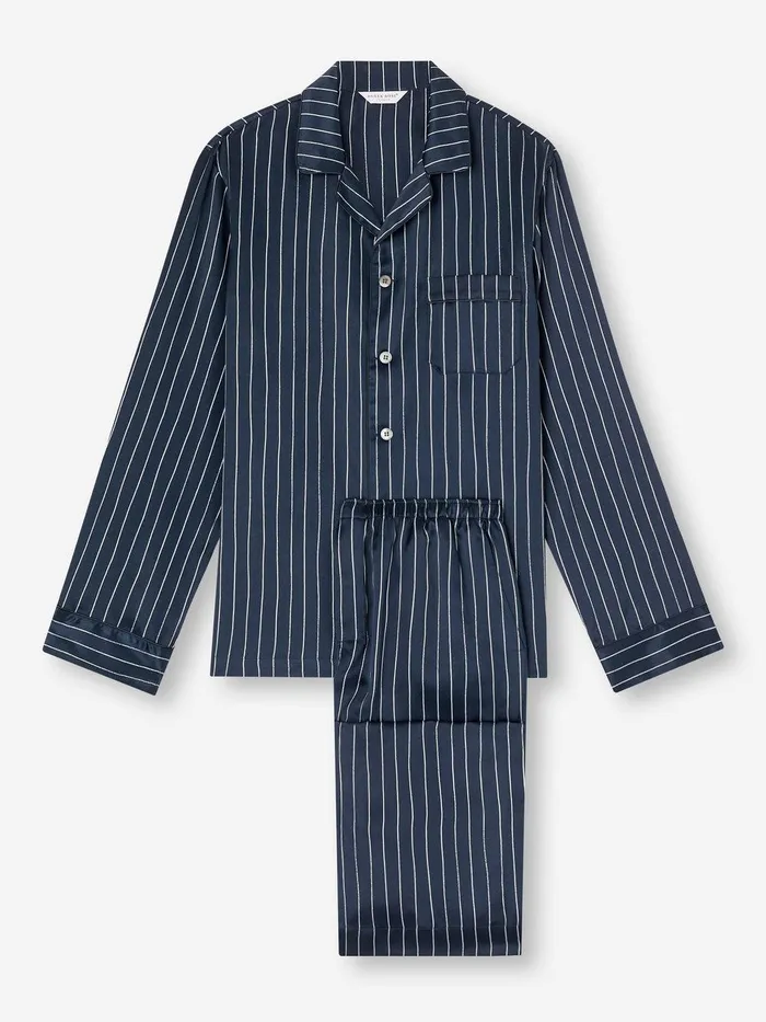 Derek Rose Pajamas Brindisi 102 Silk Satin Navy Men Long Pajamas