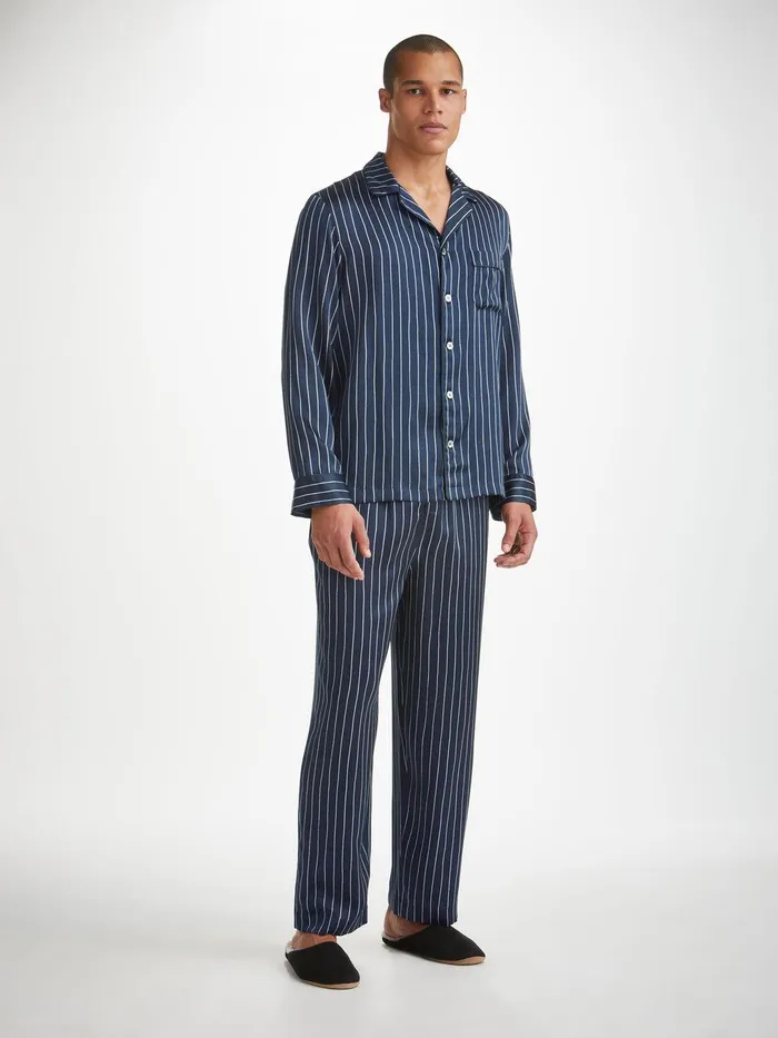 Derek Rose Pajamas Brindisi 102 Silk Satin Navy Men Long Pajamas