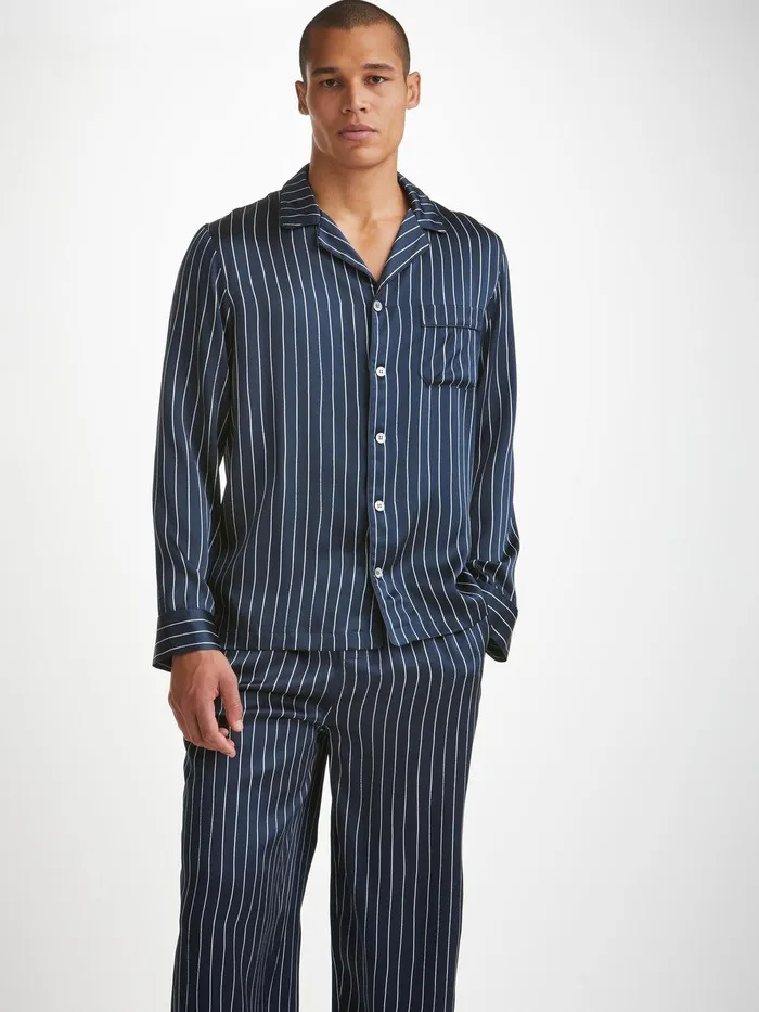 Derek Rose Pajamas Brindisi 102 Silk Satin Navy Men Long Pajamas