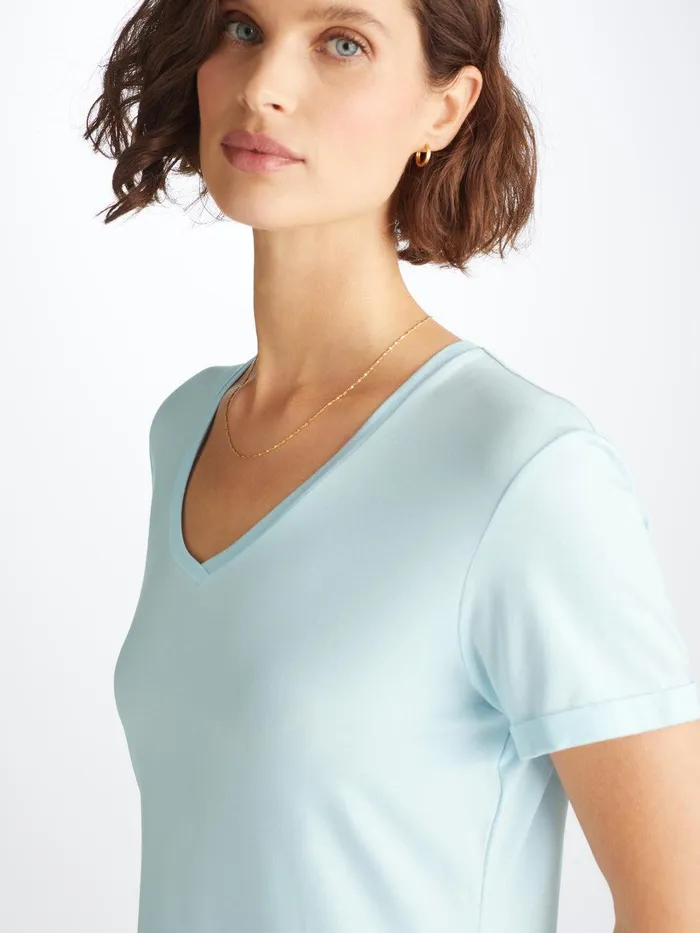 Derek Rose VNeck Sleep TShirt Lara Micro Modal Stretch Ice Blue Women Sleep TShirts