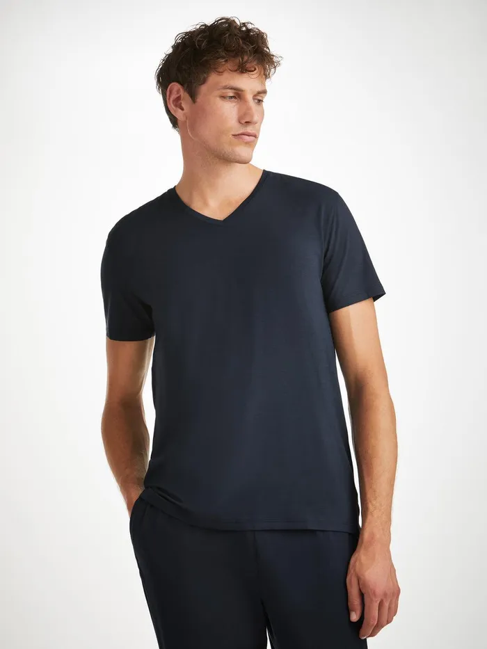 Derek Rose VNeck TShirt Basel Micro Modal Stretch Navy Men Short Sleeve TShirts Derek Rose VNeck TShirt Basel Micro Modal Stretch Navy Men Short Sleeve TShirts