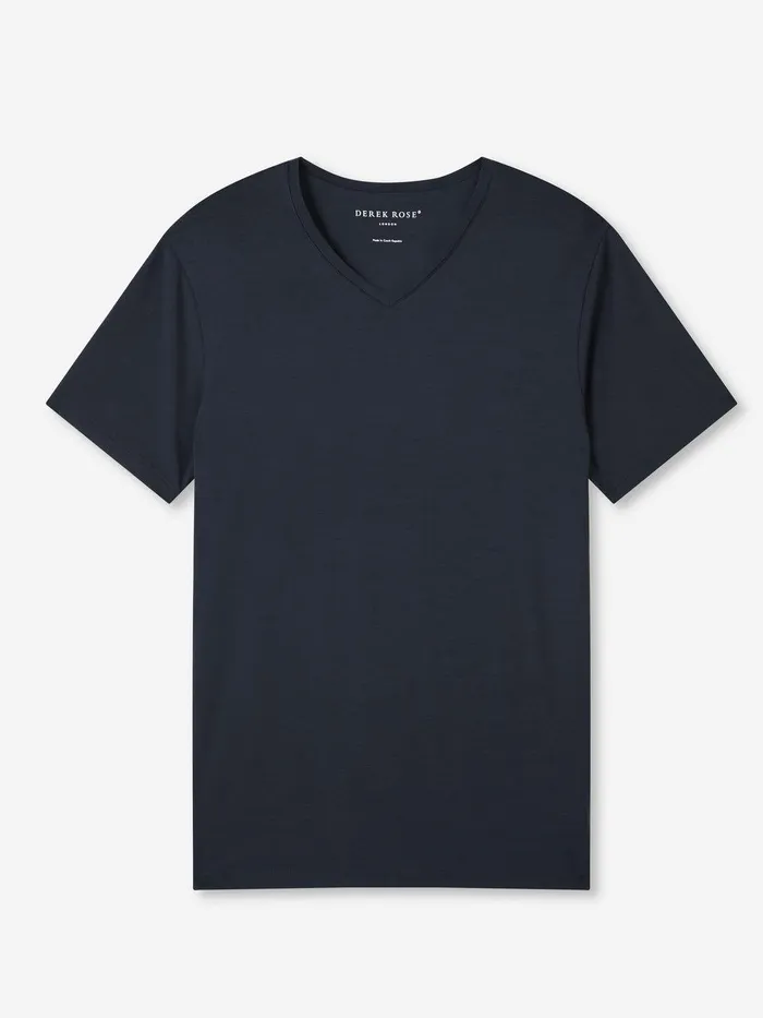 Derek Rose VNeck TShirt Basel Micro Modal Stretch Navy Men Short Sleeve TShirts