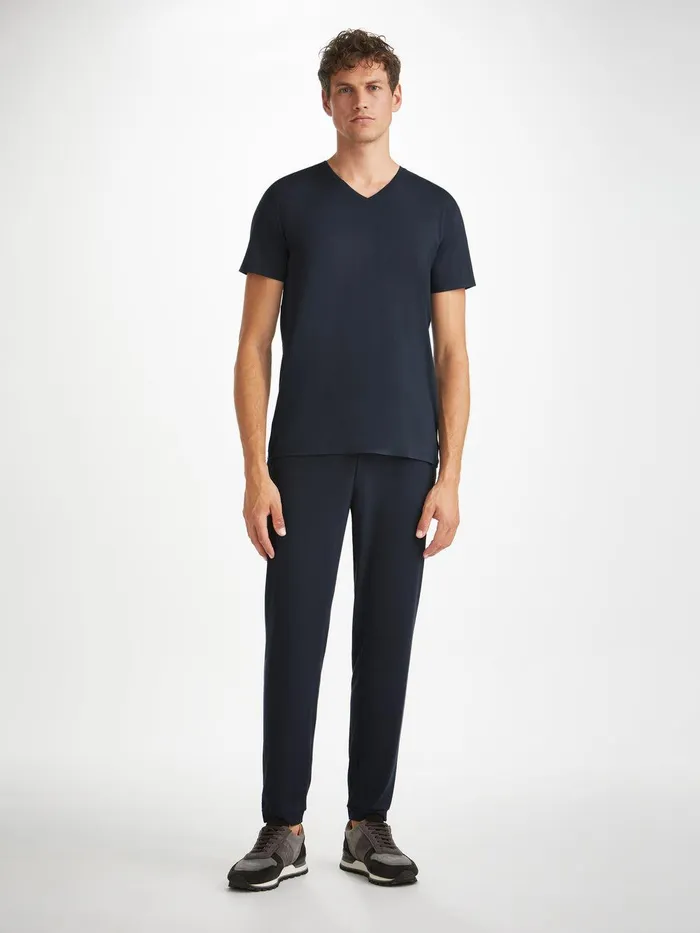 Derek Rose VNeck TShirt Basel Micro Modal Stretch Navy Men Short Sleeve TShirts