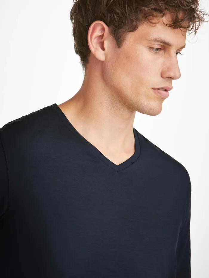 Derek Rose VNeck TShirt Basel Micro Modal Stretch Navy Men Short Sleeve TShirts
