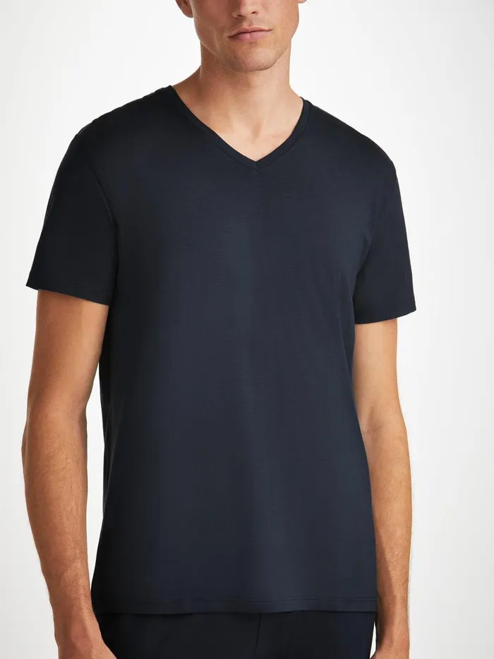 Derek Rose VNeck TShirt Basel Micro Modal Stretch Navy Men Short Sleeve TShirts