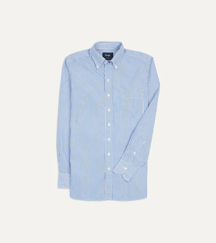 Drake039s Blue Pencil Stripe Cotton Poplin ButtonDown Shirt Men Formal Shirts