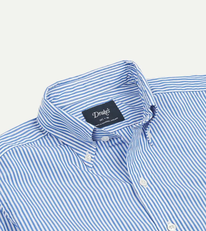 Drake039s Blue Pencil Stripe Cotton Poplin ButtonDown Shirt Men Formal Shirts