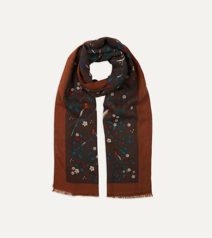 Drake039s Brown Birds Of Paradise Print Wool Scarf Men Scarves