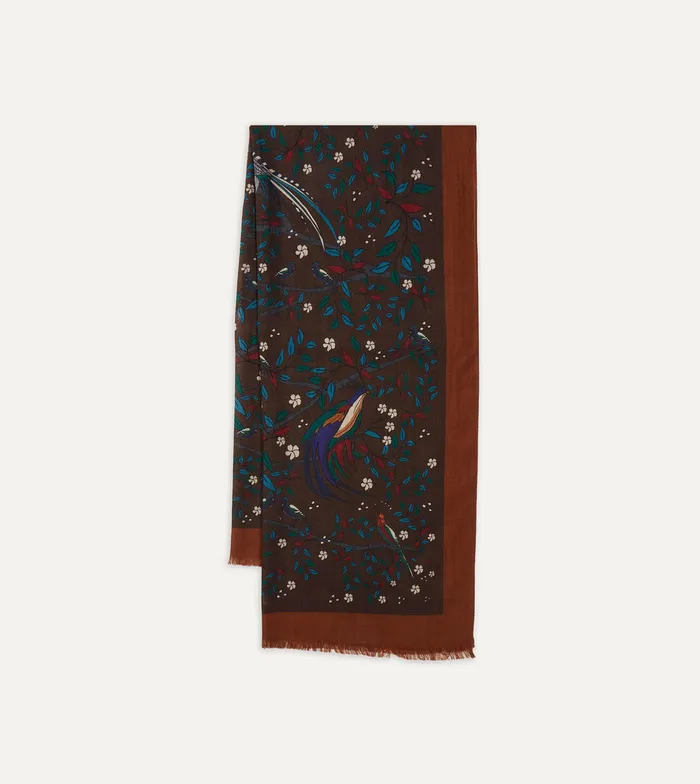 Drake039s Brown Birds Of Paradise Print Wool Scarf Men Scarves