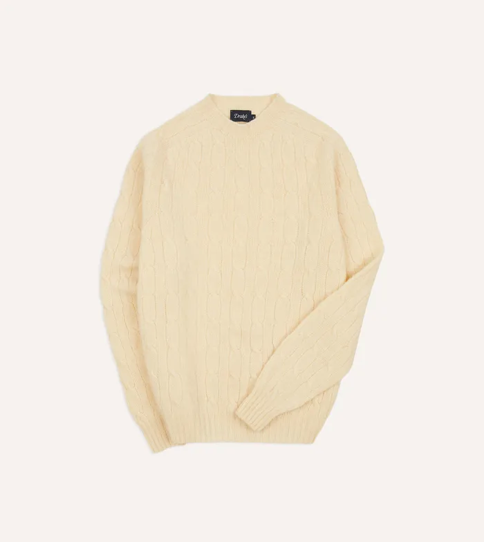 Drake039s Ecru Brushed Shetland Cable Knit Crew Neck Jumper Men Knitwear